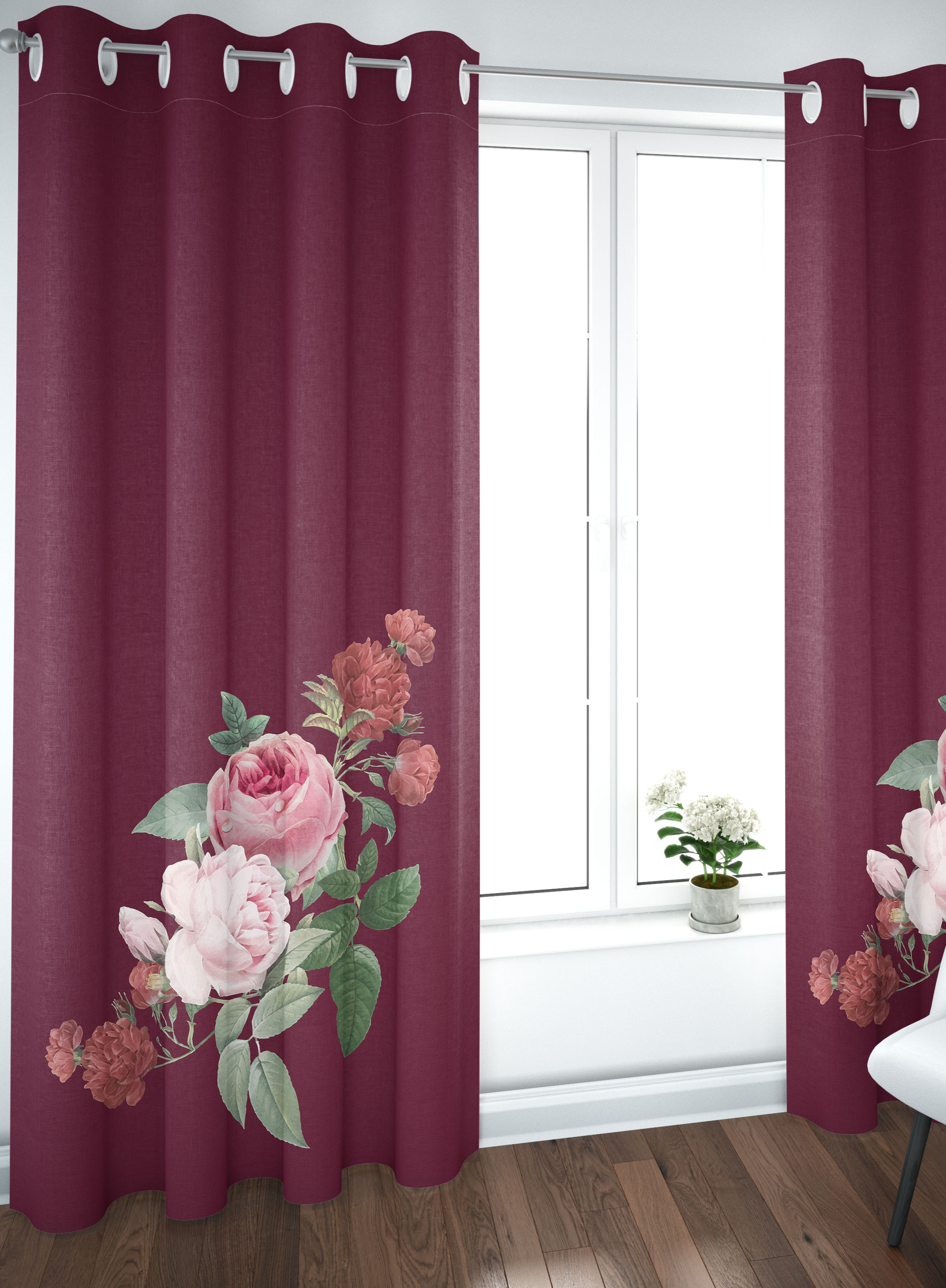 MAROON MOTIF FLORAL CURTAINS- SET OF 2, TEXTURED JACQUARD