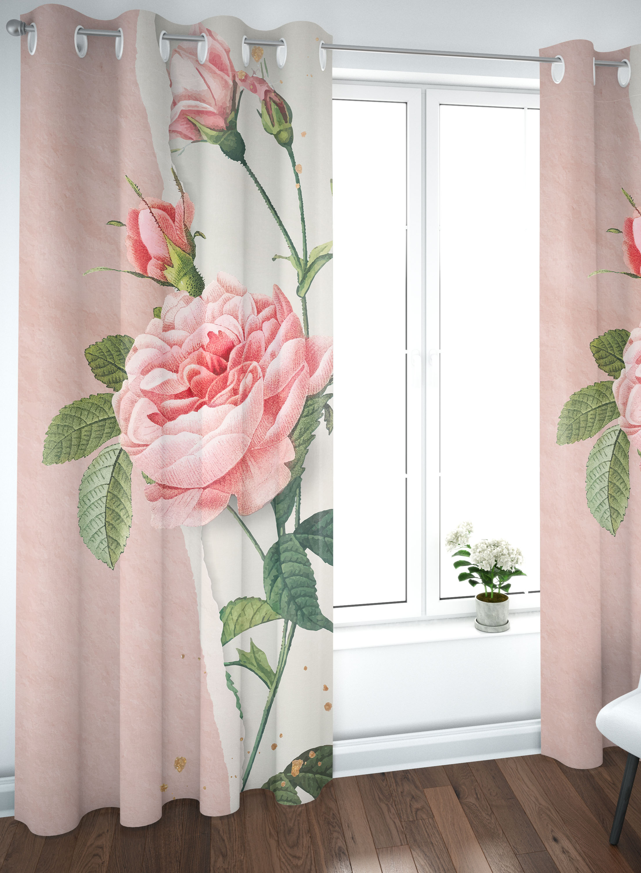 PINK FLORAL CURTAINS- SET OF 2, TEXTURED JACQUARD