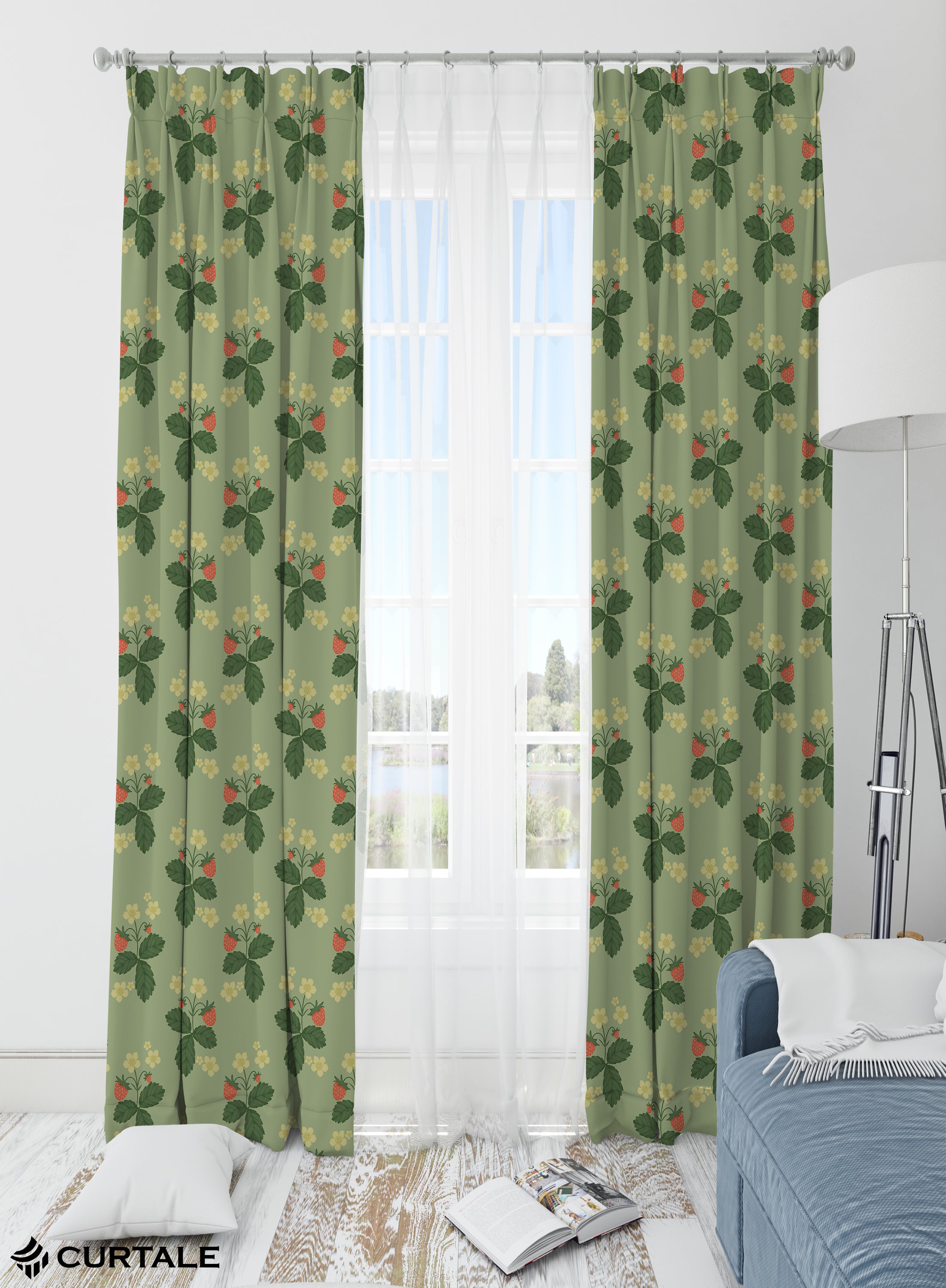 Strawberry Fields Darkening Blackout Curtains - Set of 2, Pastel Green, Polyester