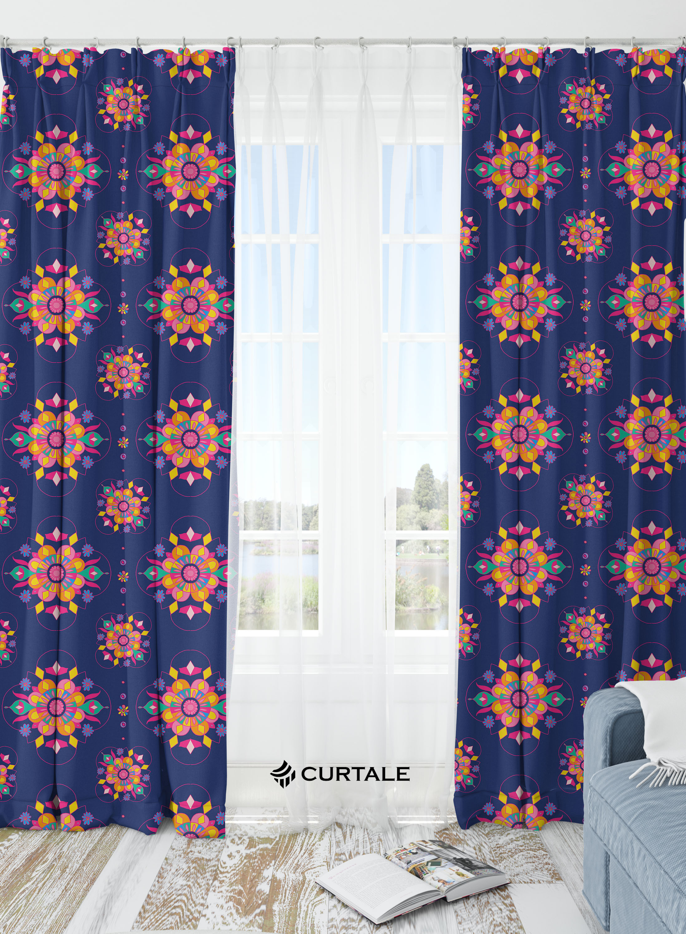 Blue Mandala Pattern Darkening Blackout Curtains - 1 Piece, Cotton