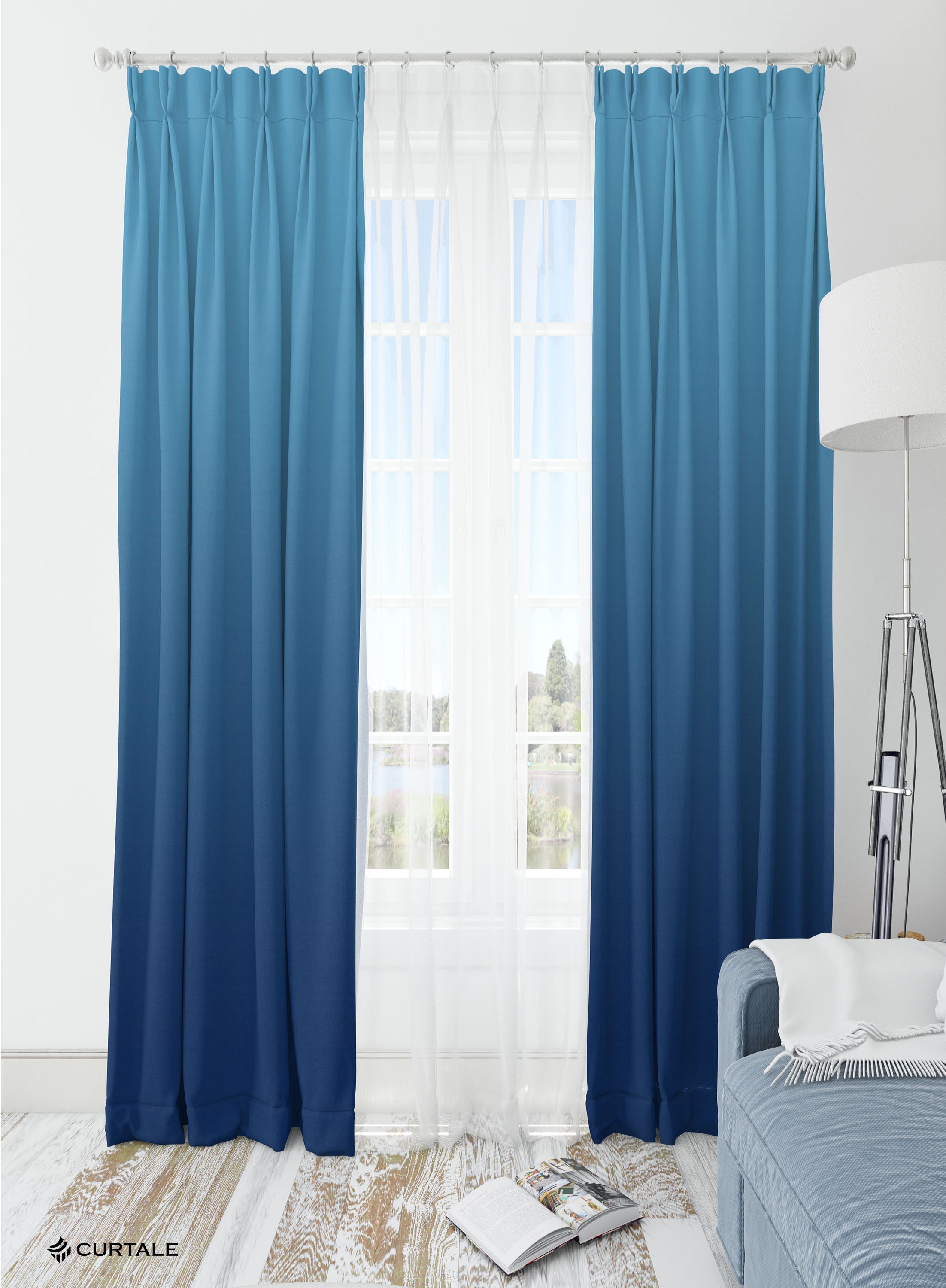 Light Blue and Dark Blue Room Darkening Blackout Curtains - Set of 2, Polyester