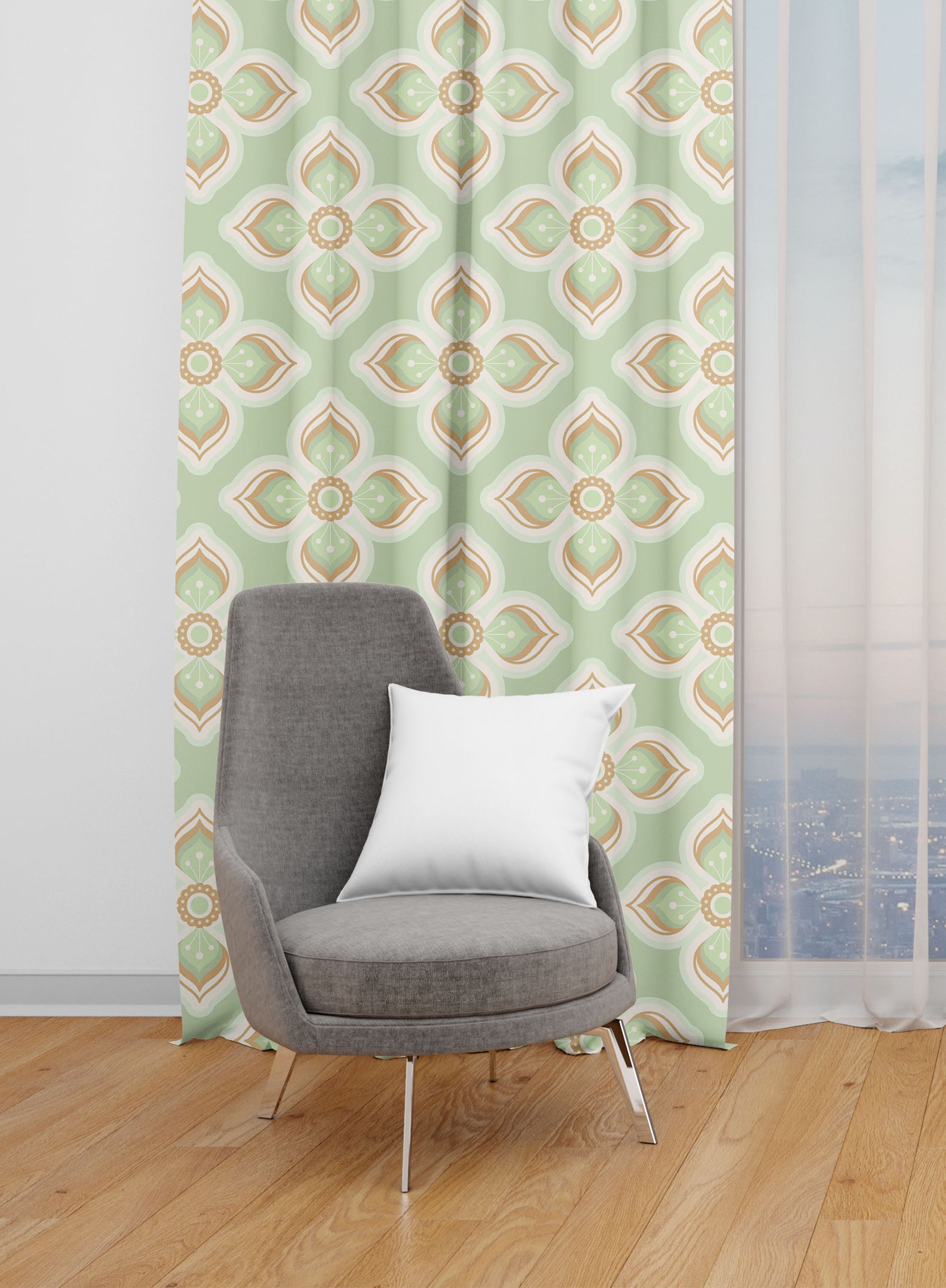 Pastel Green Geometric Room Darkening Blackout Curtains - 1 Panel, Polyester